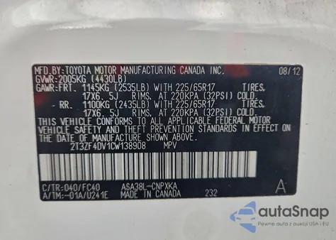 2012 Toyota Rav4 from USA, damaged, VIN 2T3ZF4DV1CW138908